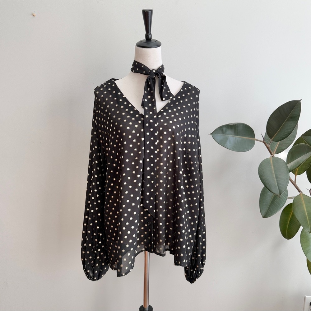 Eloquii Long Sleeve Black Gold Polka Dot Tie Neck Top Size 22